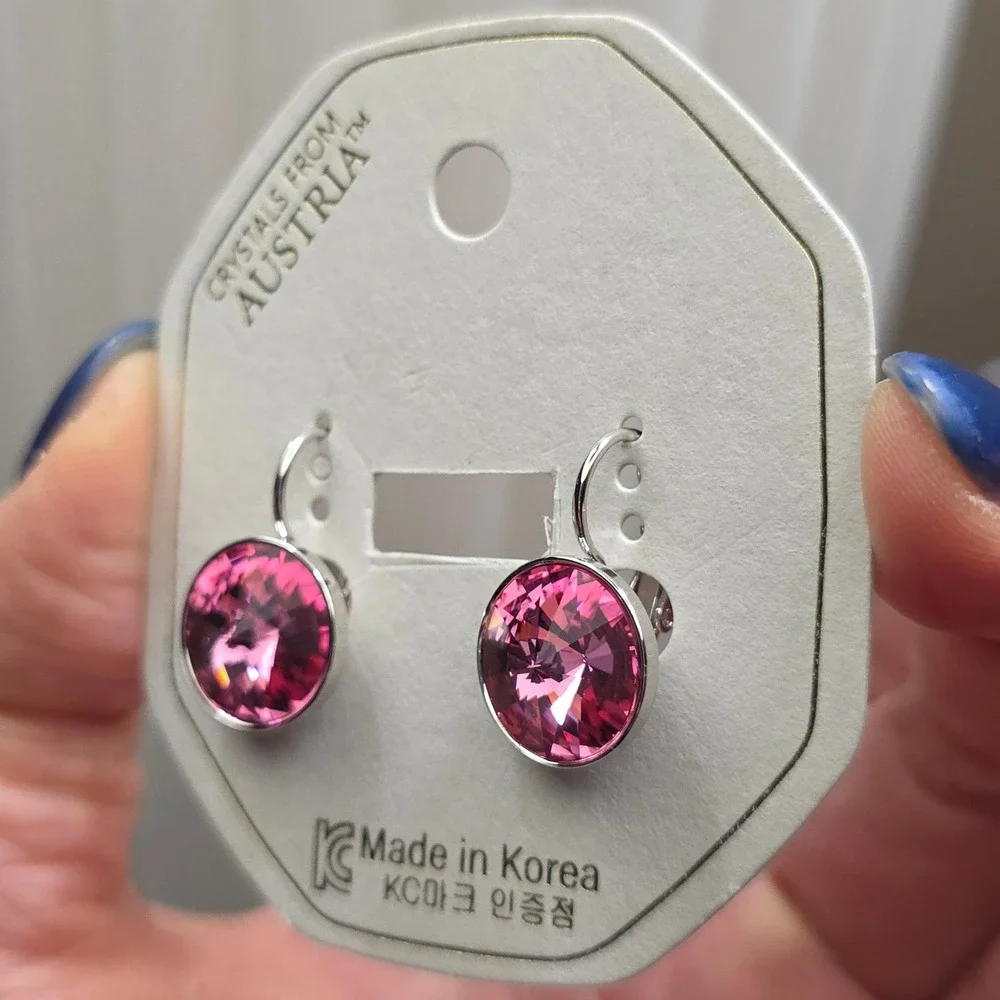 NEW Rose MedPink SwarovskiElements Crystal LeverbackEarrings13mmPlatinum Plated!